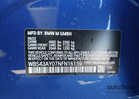 2022 BMW M3 Competition xDrive z USA, uszkodzony, nr VIN WBS43AY07NFN16159